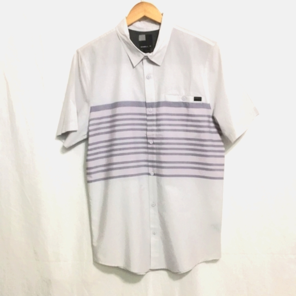 O’Neill Short Sleeve Button Front Shirt Gray Stripe Large